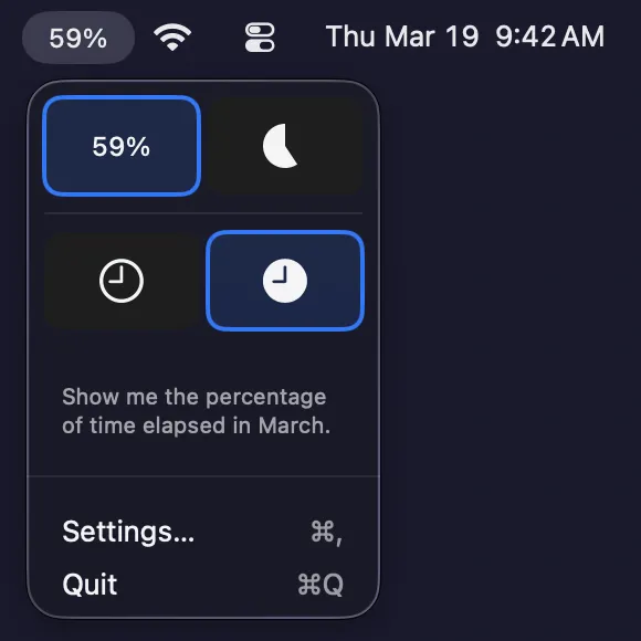 MonthBar dark mode — Percentage elapsed time with menu open