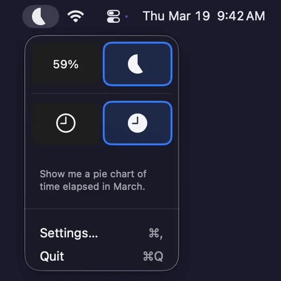MonthBar dark mode — Percentage remaining time with menu open