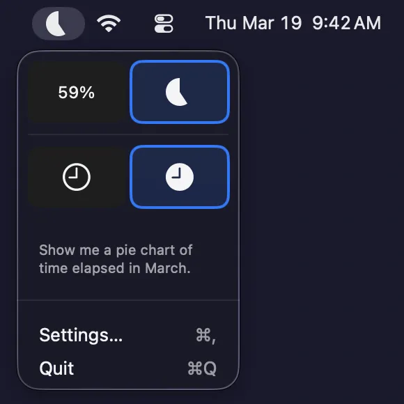 MonthBar dark mode — Pie chart elapsed time with menu open