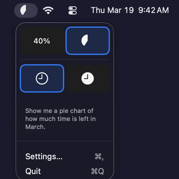 MonthBar dark mode — Pie chart remaining time with menu open