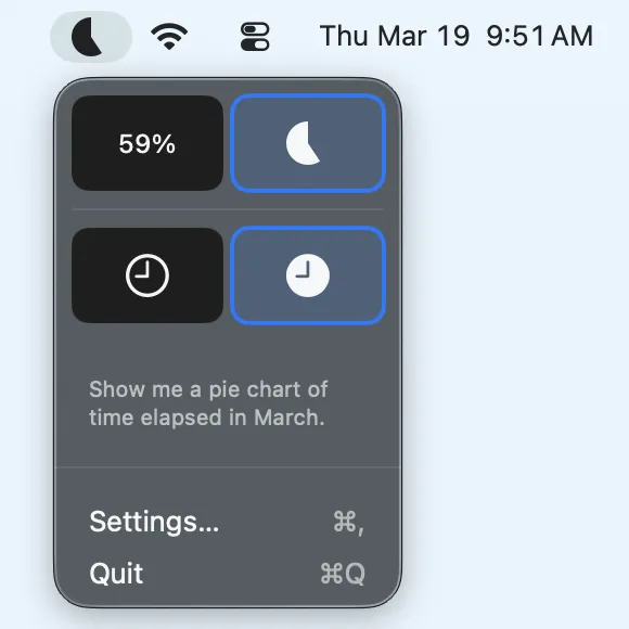 MonthBar pie chart elapsed time with menu open