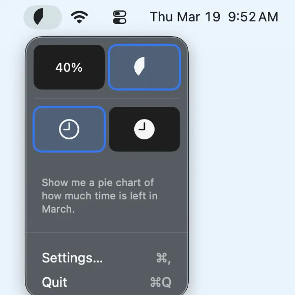 MonthBar pie chart remaining time with menu open